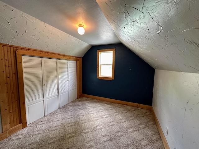 additional living space featuring carpet floors, a textured ceiling, and vaulted ceiling