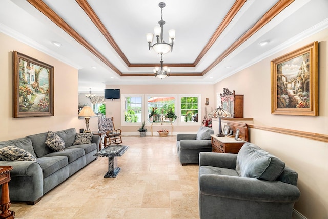 living room with light tile patterned flooring, a chandelier, a raised ceiling, and ornamental molding