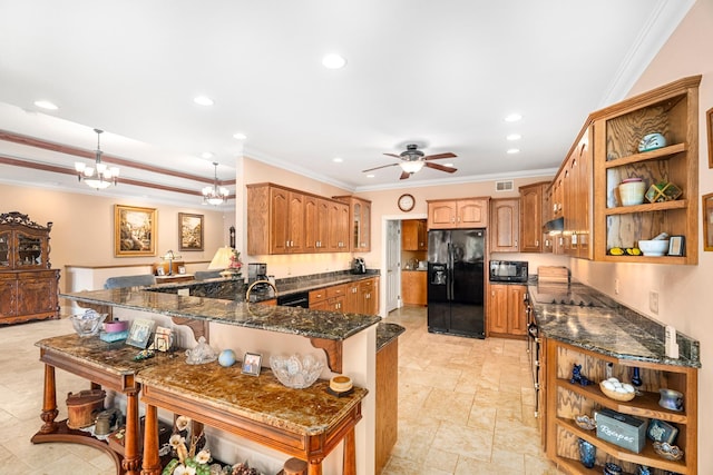 kitchen featuring a breakfast bar, a peninsula, black appliances, and open shelves