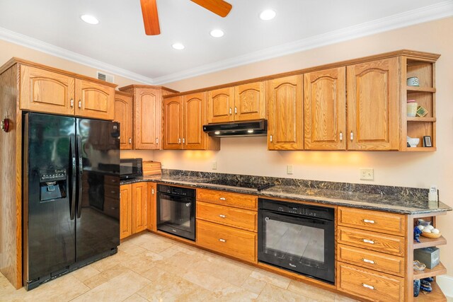 kitchen with under cabinet range hood, open shelves, visible vents, ornamental molding, and black appliances