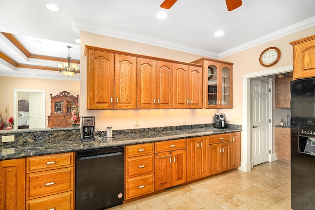 kitchen featuring brown cabinetry, a ceiling fan, glass insert cabinets, ornamental molding, and black appliances