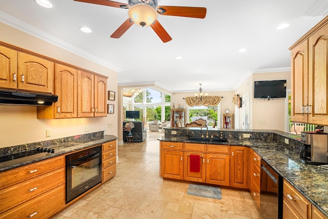 kitchen with stone tile floors, under cabinet range hood, a sink, black appliances, and crown molding