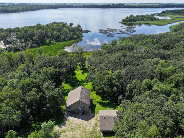 drone / aerial view featuring a water view and a view of trees