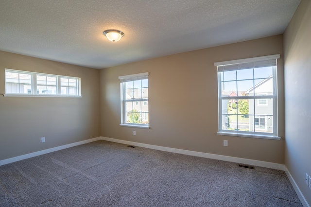 carpeted empty room with a textured ceiling