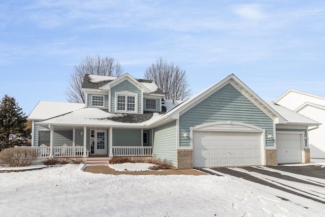 view of front of house featuring covered porch, brick siding, and an attached garage