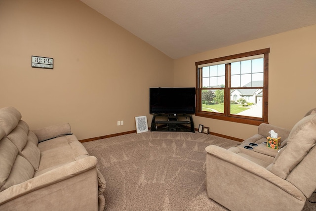 carpeted living room with a textured ceiling and vaulted ceiling