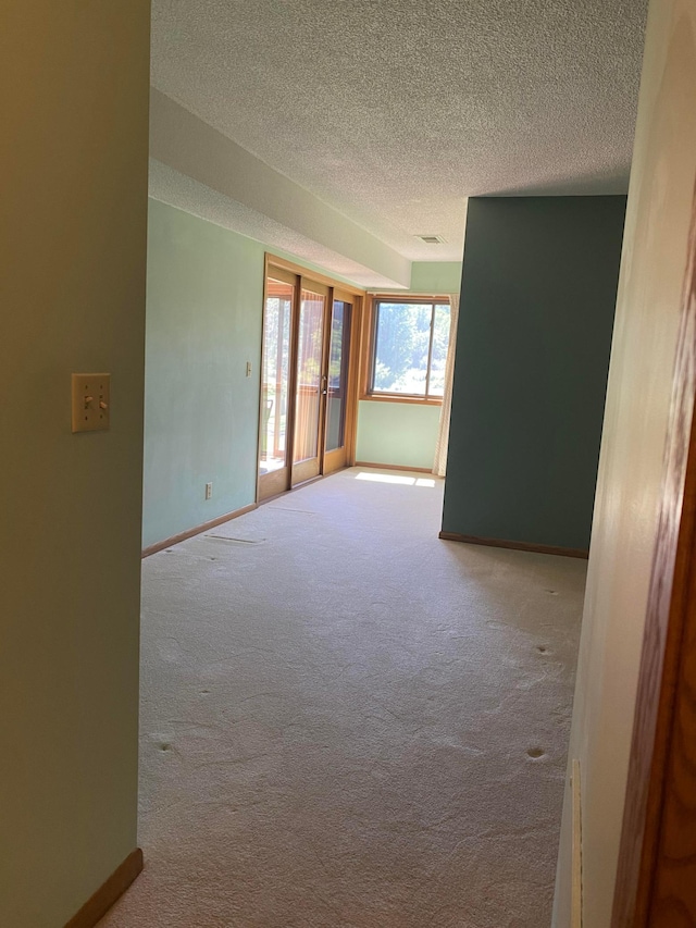 unfurnished room featuring a textured ceiling and carpet flooring