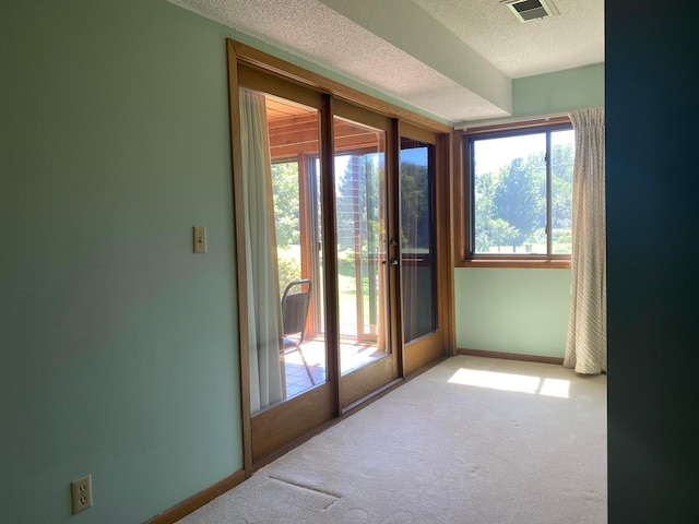 unfurnished room with carpet flooring and a textured ceiling