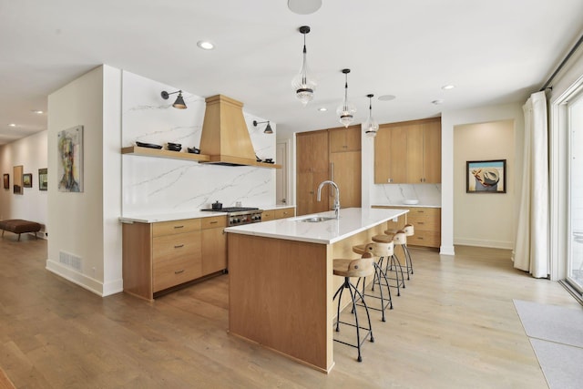 kitchen featuring premium range hood, decorative backsplash, an island with sink, sink, and light hardwood / wood-style floors