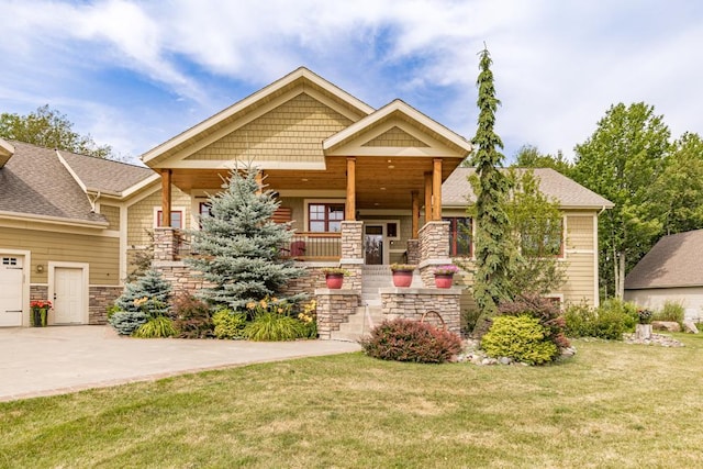 craftsman house featuring a front lawn, stone siding, a garage, concrete driveway, and covered porch