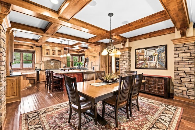 dining area with dark wood finished floors, a notable chandelier, coffered ceiling, and beamed ceiling