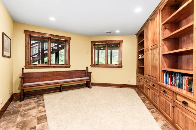 sitting room featuring baseboards, recessed lighting, and visible vents