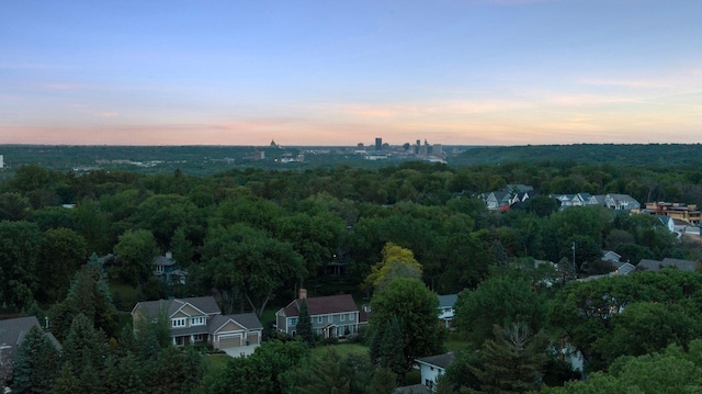 view of aerial view at dusk