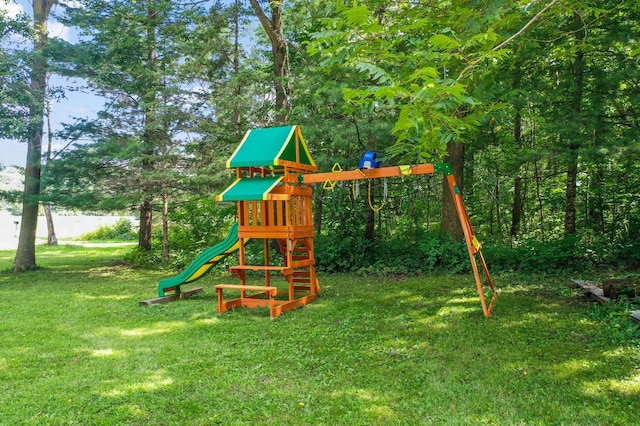 view of playground featuring a lawn