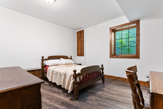 bedroom with dark hardwood / wood-style floors