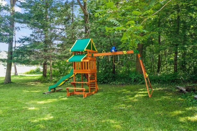 view of jungle gym with a yard