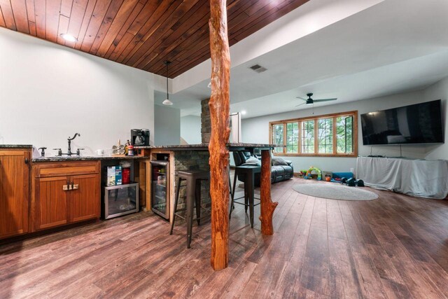 bar with sink, hanging light fixtures, ceiling fan, wooden ceiling, and hardwood / wood-style flooring