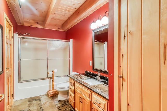 full bathroom with wooden ceiling, toilet, tile patterned floors, bath / shower combo with glass door, and vanity