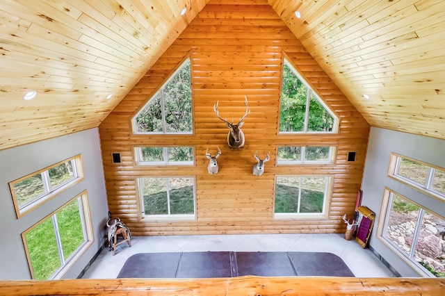 unfurnished living room featuring log walls, high vaulted ceiling, and wood ceiling