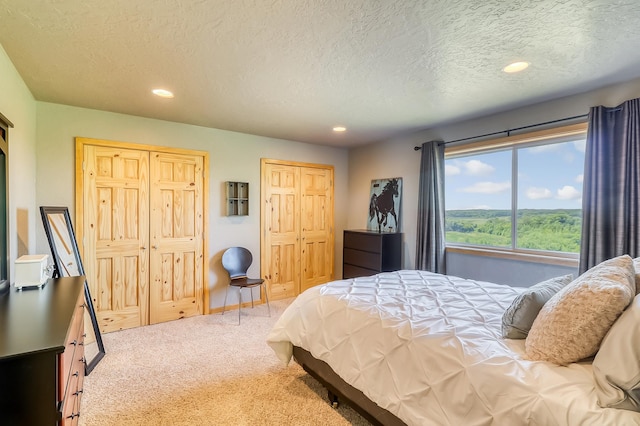 bedroom with multiple closets, a textured ceiling, and carpet