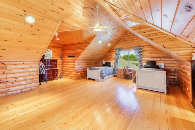 unfurnished bedroom with wooden ceiling, log walls, light hardwood / wood-style flooring, and vaulted ceiling