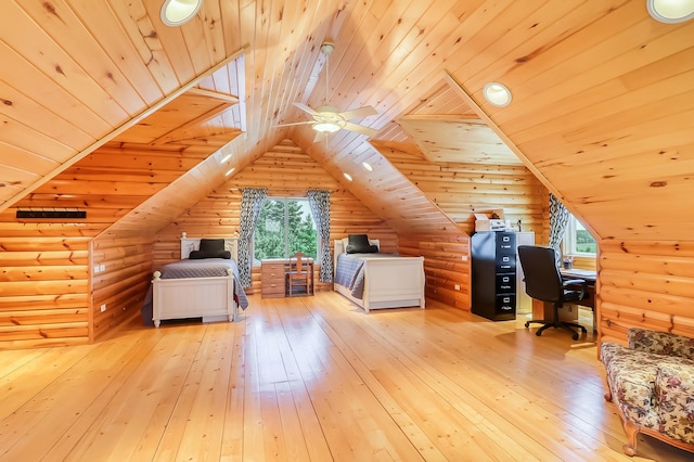 unfurnished bedroom featuring log walls, vaulted ceiling, light hardwood / wood-style flooring, and wood ceiling