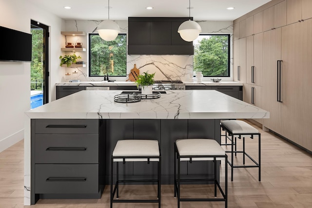 kitchen with premium range hood, light wood-type flooring, and plenty of natural light