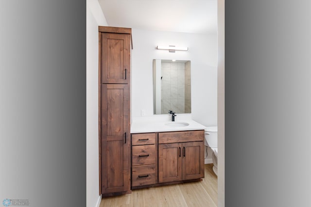 bathroom with vanity, hardwood / wood-style floors, and toilet