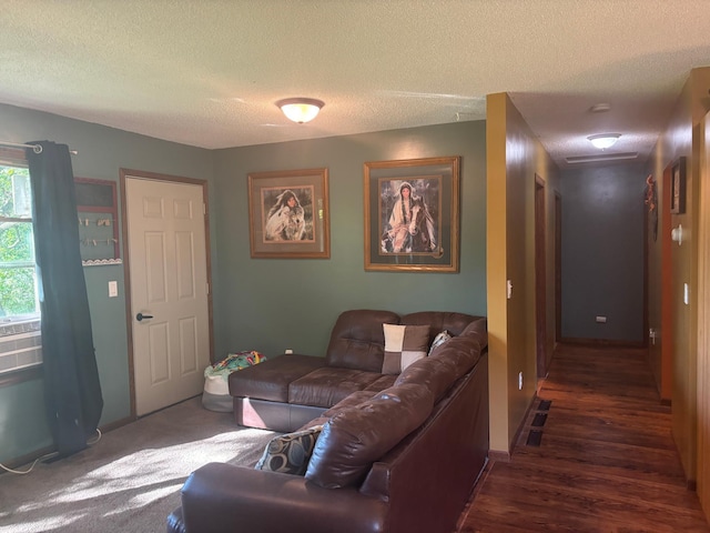 living room with a textured ceiling and dark wood-type flooring