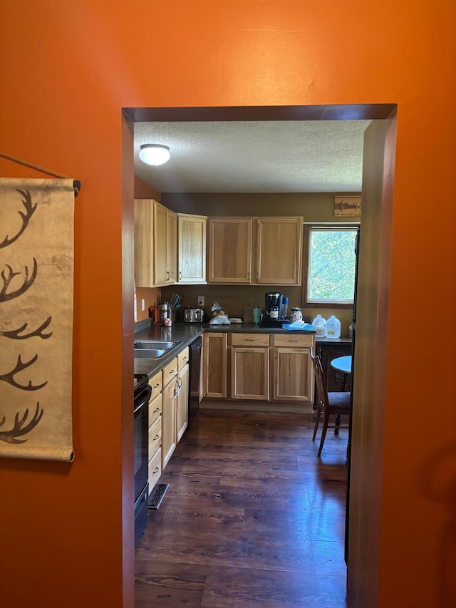 kitchen with black appliances, a textured ceiling, light brown cabinetry, and dark hardwood / wood-style floors