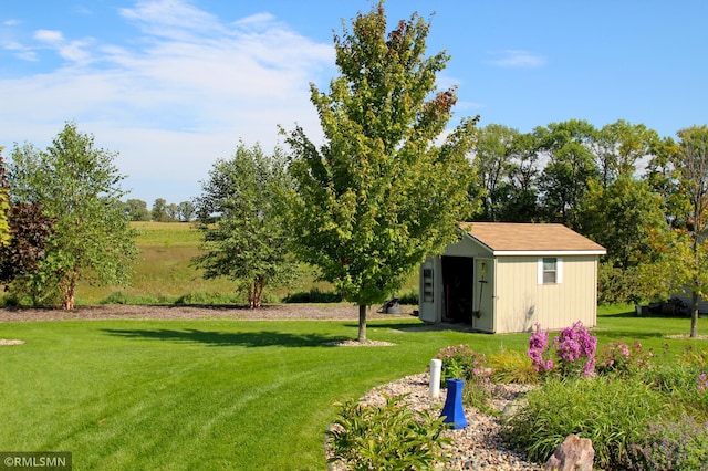 view of yard with a storage shed