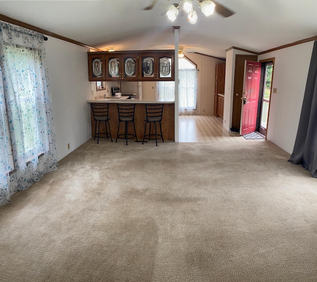 unfurnished living room with light carpet, ornamental molding, bar, and ceiling fan