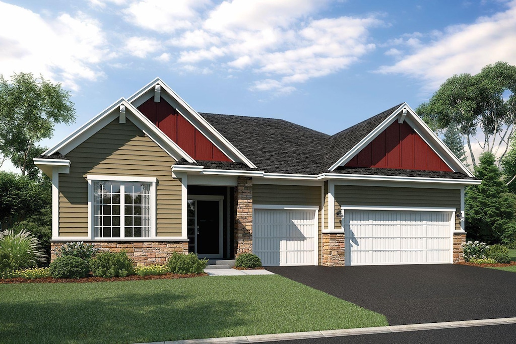 craftsman-style house featuring stone siding, board and batten siding, an attached garage, and driveway