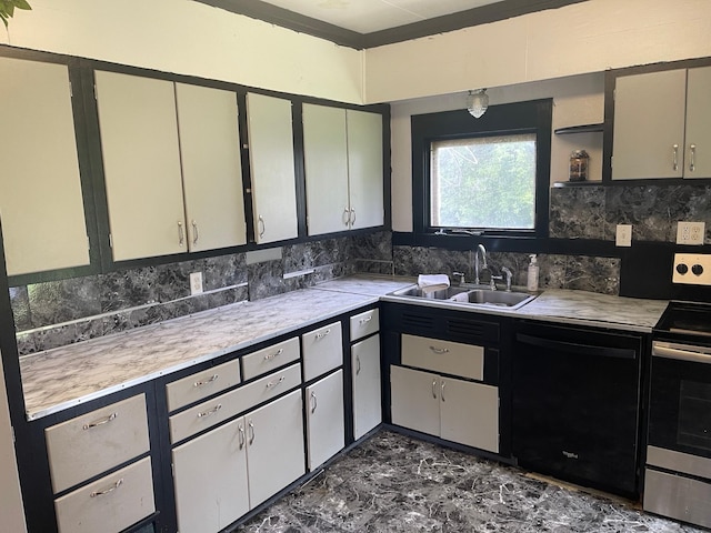 kitchen featuring decorative backsplash, stainless steel range with electric stovetop, sink, dark tile patterned flooring, and black dishwasher