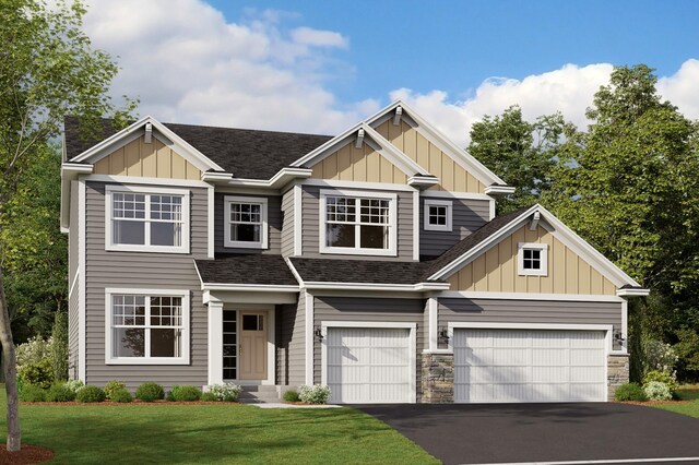 craftsman-style house featuring a garage, aphalt driveway, board and batten siding, and a shingled roof