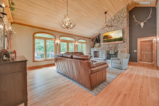 living room featuring light wood-type flooring, wood ceiling, a fireplace, and vaulted ceiling