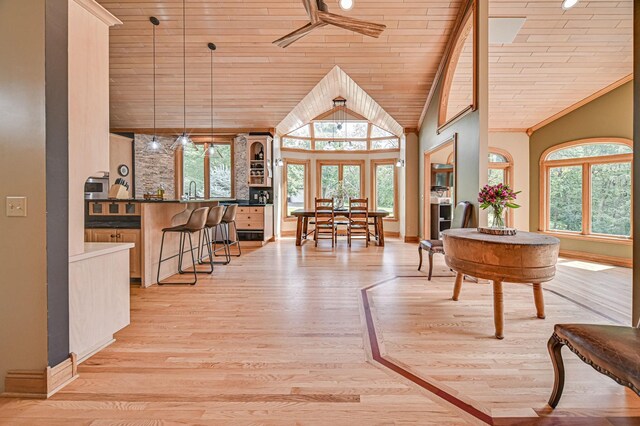 interior space featuring wood ceiling, plenty of natural light, and light hardwood / wood-style floors