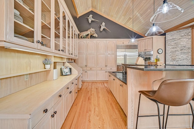 kitchen with lofted ceiling, an island with sink, stainless steel appliances, and light hardwood / wood-style flooring