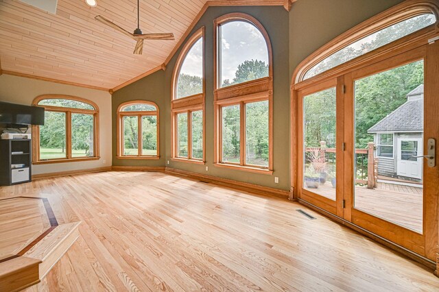 unfurnished living room with wooden ceiling, light hardwood / wood-style floors, crown molding, high vaulted ceiling, and ceiling fan