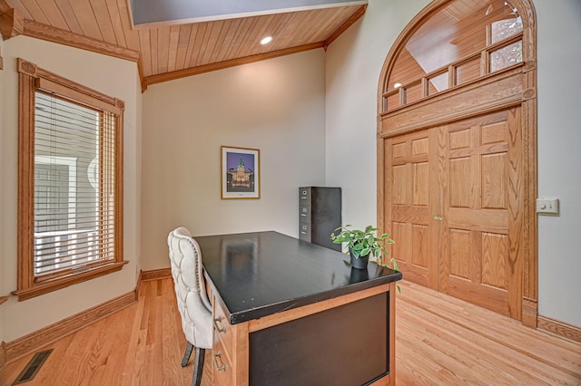 office area with light hardwood / wood-style flooring, ornamental molding, and wooden ceiling