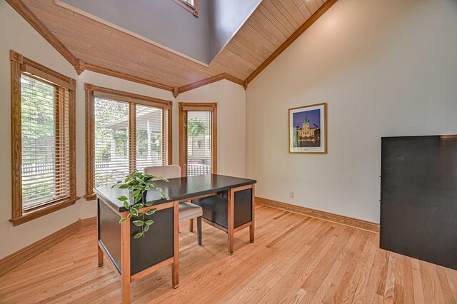 home office with plenty of natural light, light hardwood / wood-style flooring, and wooden ceiling