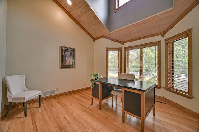 home office featuring wood ceiling, ornamental molding, light wood-type flooring, and lofted ceiling