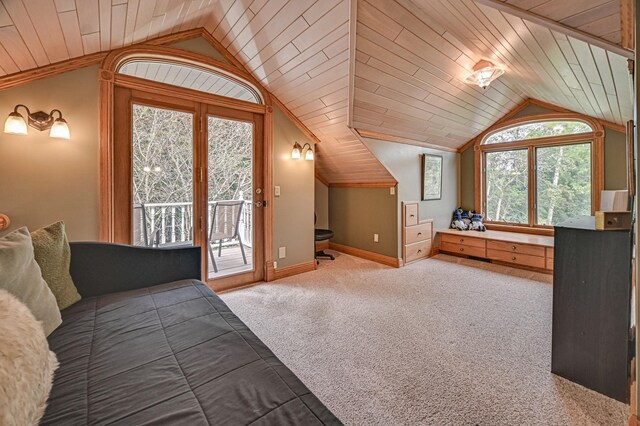 unfurnished bedroom with crown molding, wood ceiling, carpet flooring, lofted ceiling, and access to outside