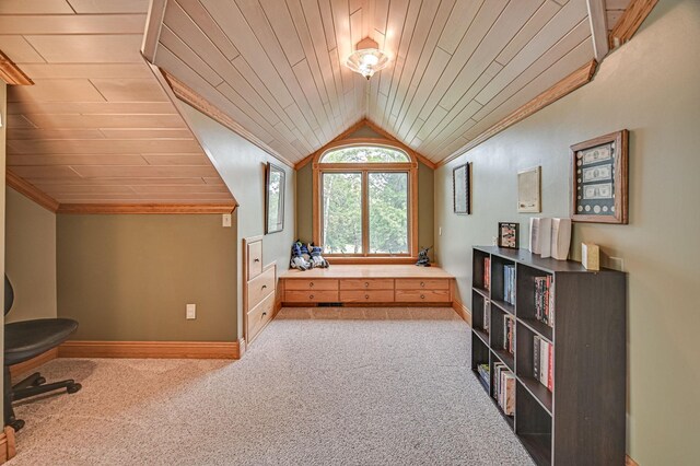 interior space with wood ceiling, carpet, and vaulted ceiling