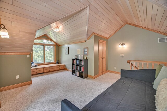 carpeted bedroom featuring lofted ceiling and wood ceiling