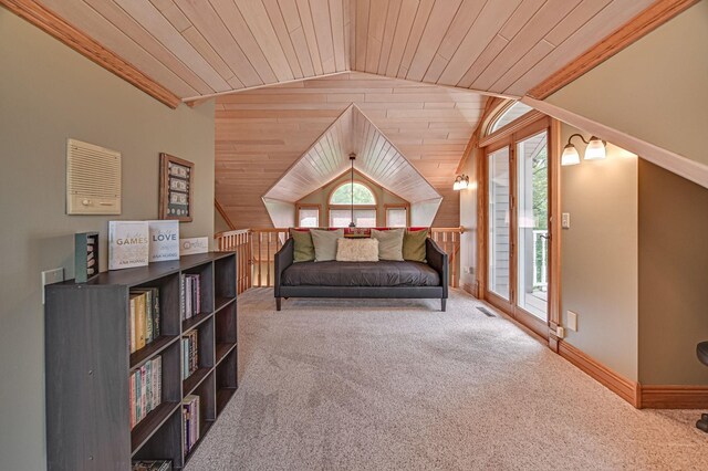 bedroom featuring wooden ceiling, lofted ceiling, access to outside, and carpet