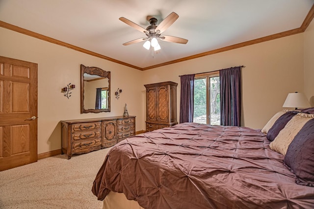 carpeted bedroom featuring ceiling fan, crown molding, and access to outside