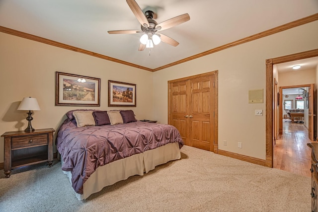 bedroom featuring crown molding, wood-type flooring, ceiling fan, and a closet