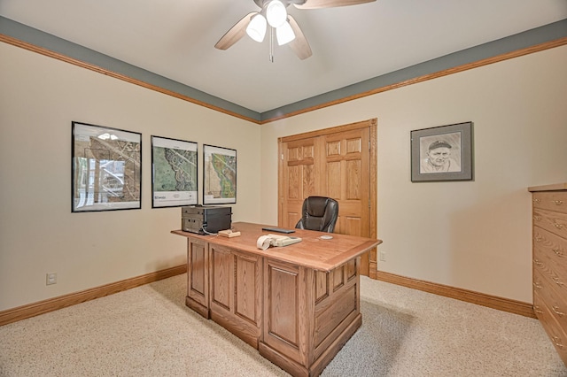 office with ceiling fan and light carpet