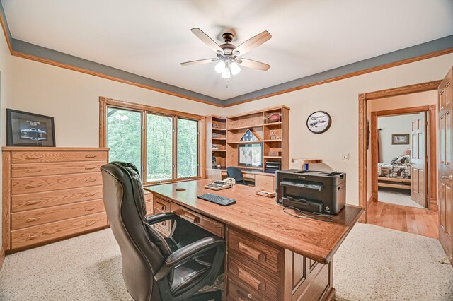 office area with ceiling fan and light hardwood / wood-style floors